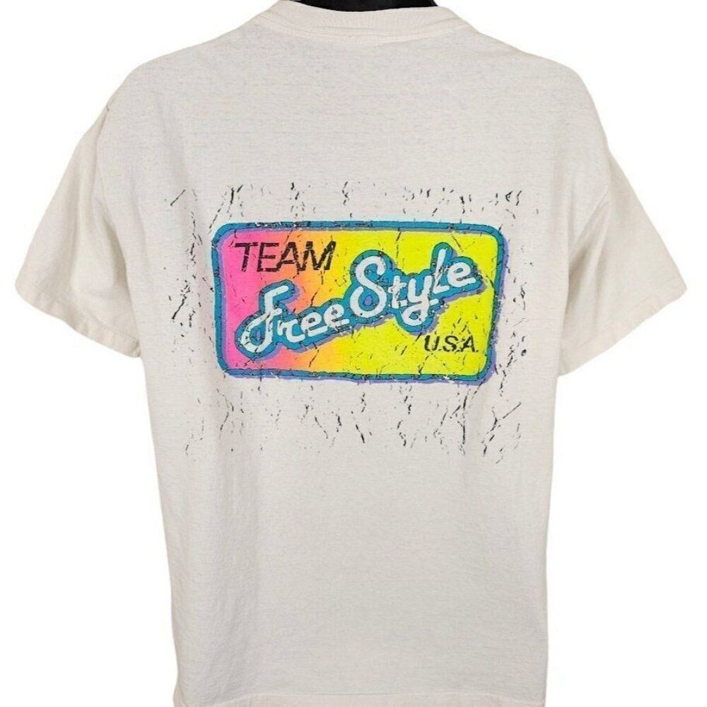 Vintage Team FreeStyle USA T Shirt Mens Size Large White 80s Surfer Made In USA